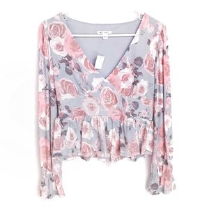 MIAMI Myley Floral Long Sleeve V-Neck Ruffled Sleeves Peplum Top Size Small